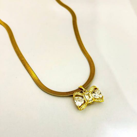 Gold Plated Snake Chain Necklace with Crystal Bow Pendant