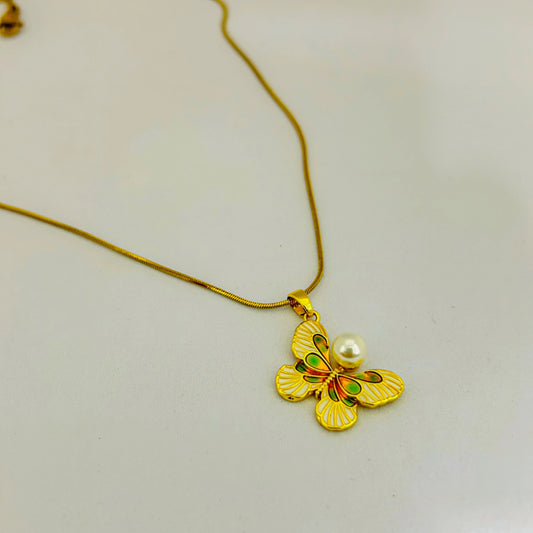 Gold Butterfly Pendant Necklace with Pearl Accent