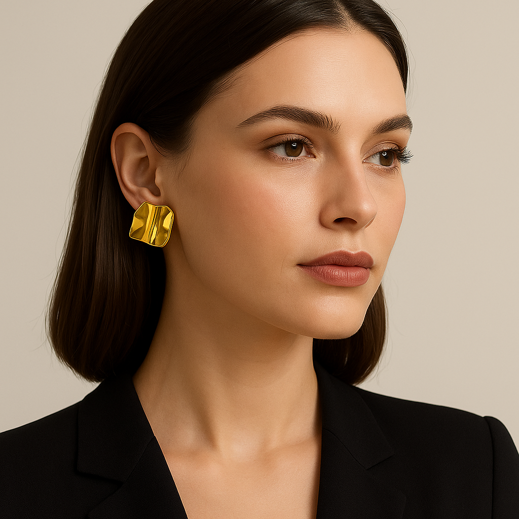 Gold Crumpled Metal Statement Stud Earrings