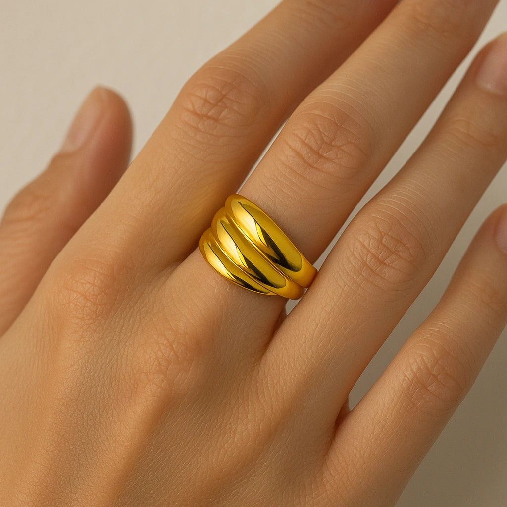 Gold Plated Layered Cuff Ring - Statement Wide Band