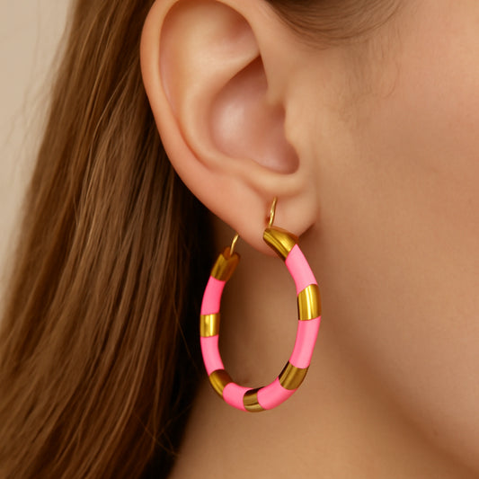 Pink Enamel Segmented Gold Hoop Earrings