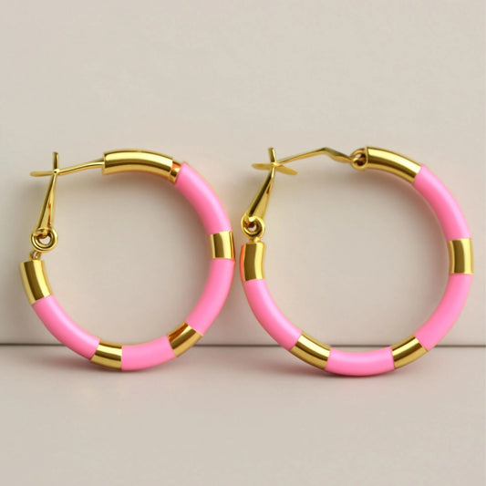 Pink Enamel Segmented Gold Hoop Earrings
