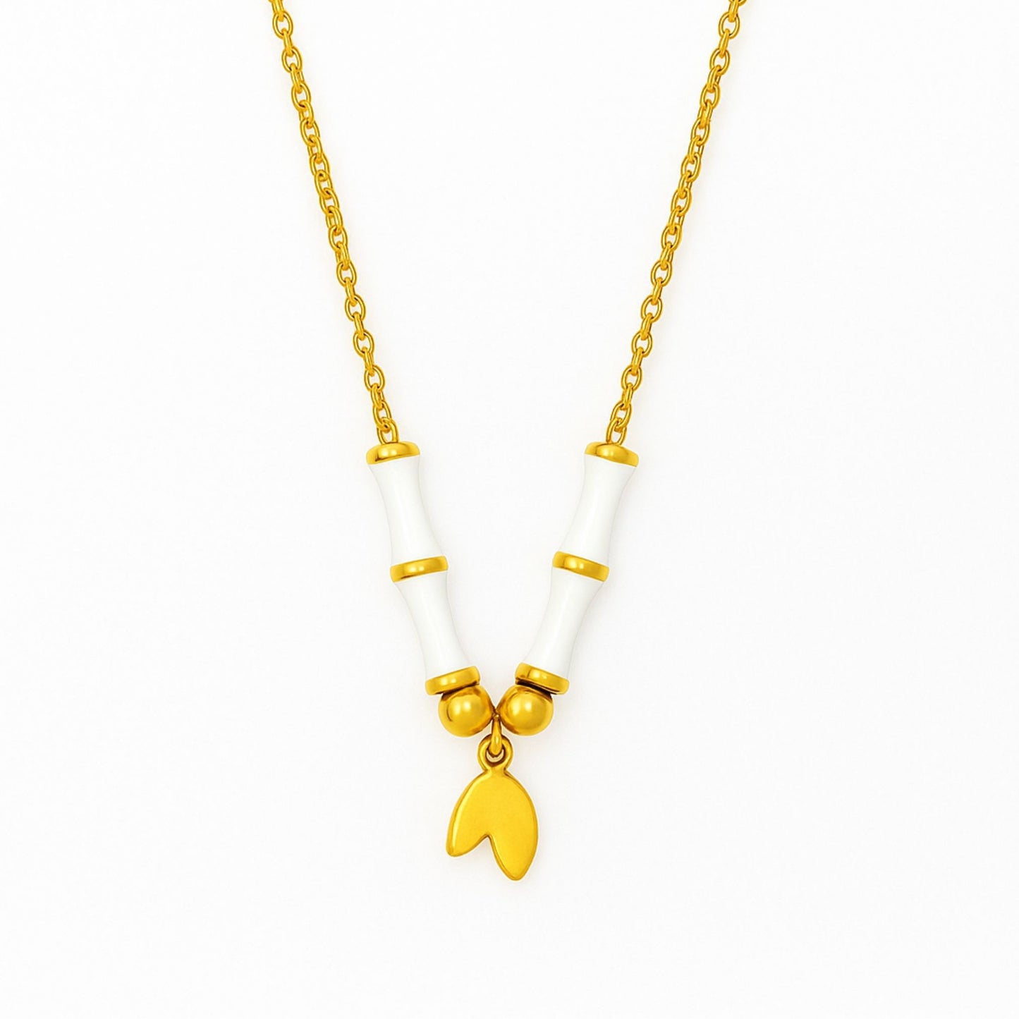 Golden Elephant Charm Necklace with White Ceramic Beads