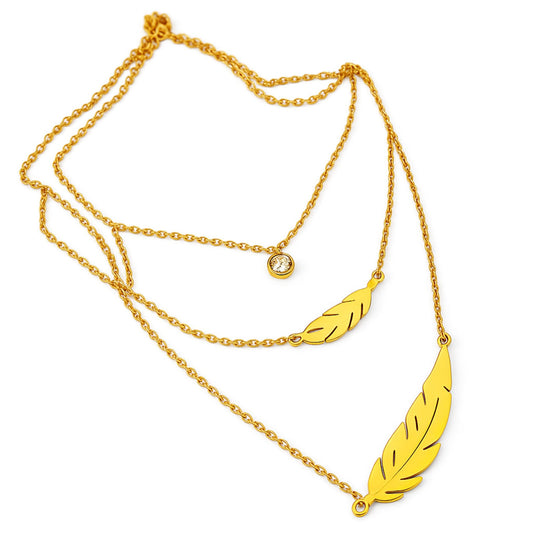 Gold Layered Feather Necklace Set with Crystal Accent