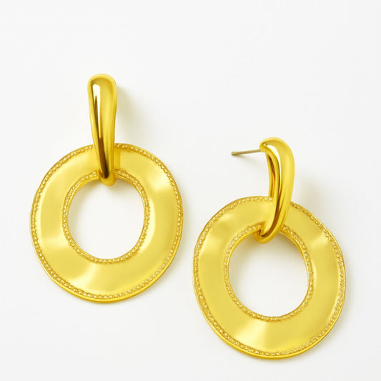 Gold Plated Circular Drop Earrings with Milgrain Detail