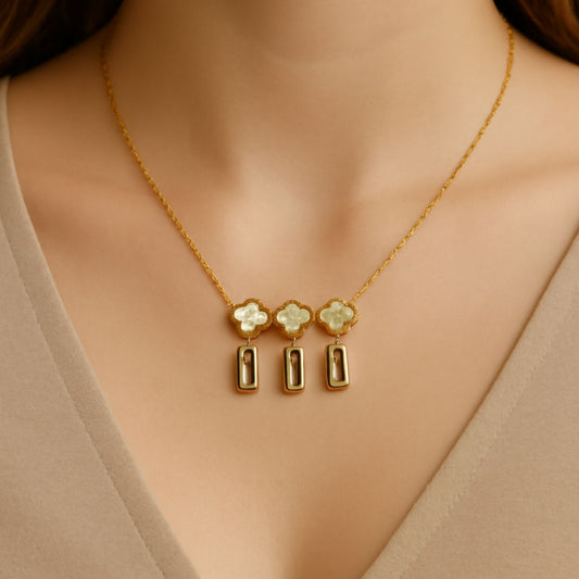 Gold Quatrefoil Clover Necklace with Crystal Dangles