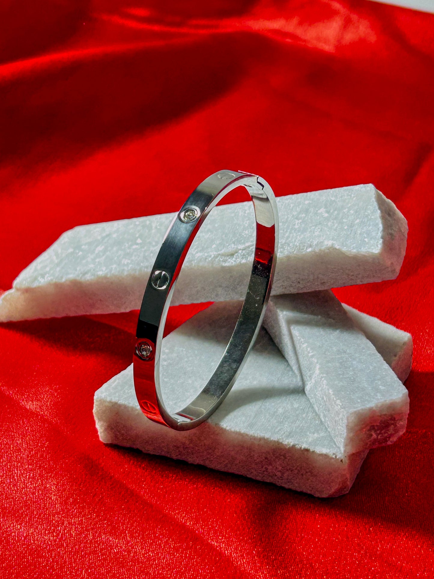 Silver Screw Design Bangle with Stones