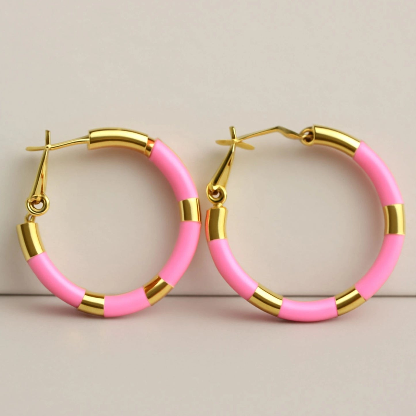Pink Enamel Segmented Gold Hoop Earrings